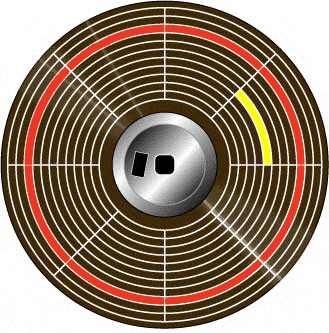 Distribución de la superficie de un disco: Pistas en marrón. Cilindro en rojo. Sector en amarillo.